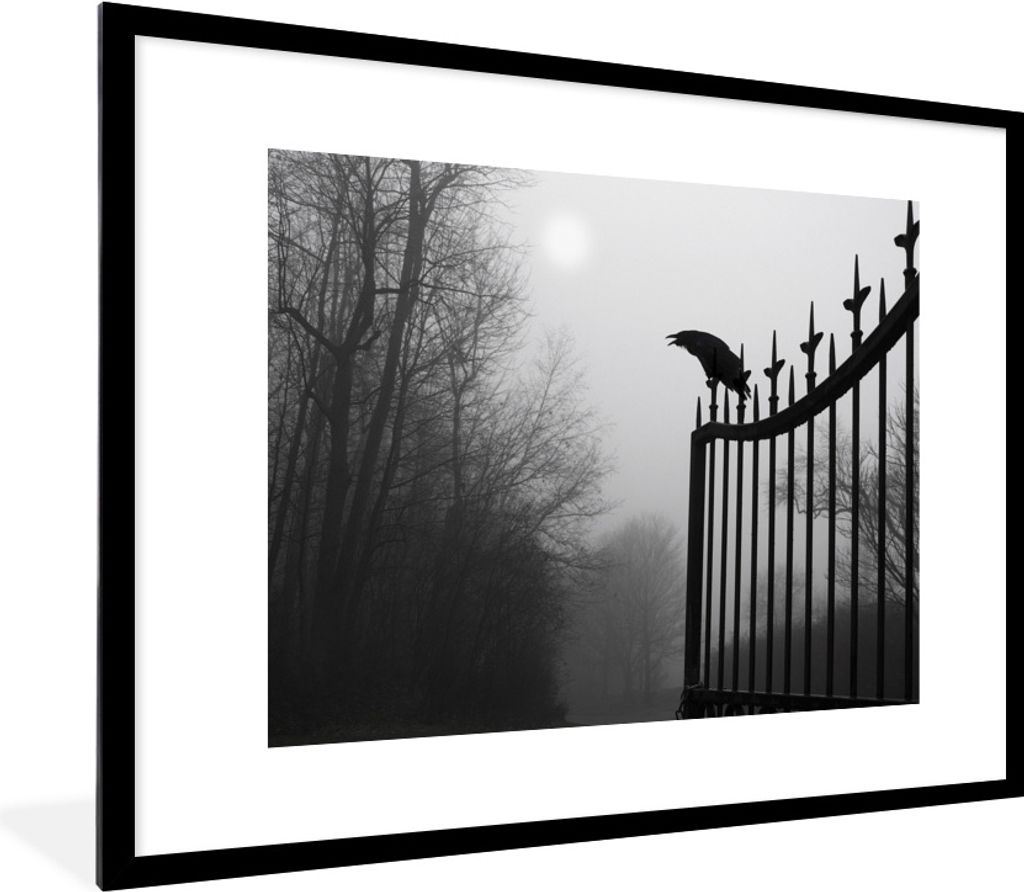 MuchoWow Gerahmtes Poster Zaun - Krähe - Schwarz 80x60 cm - Poster mit Schwarzem Bilderrahmen Wandposter Rahmen Foto Bilder - Schlafzimmer-Dekor...