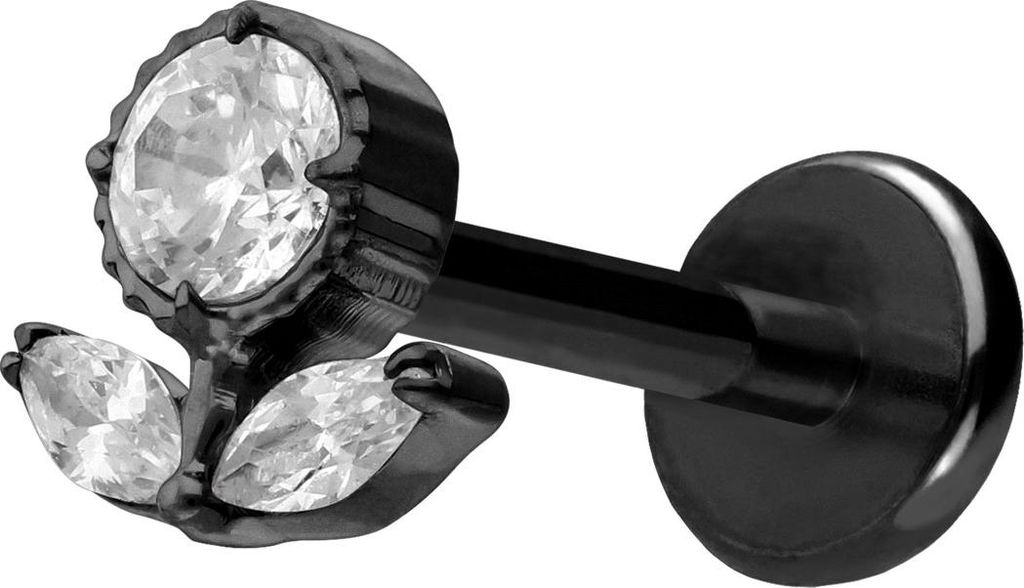 Ohrpiercing, Nasenpiercing Titan Labret mit Push Fit KRISTALLBLUME Schwarz Stablänge: 10mm | Stabstärke: 1mm