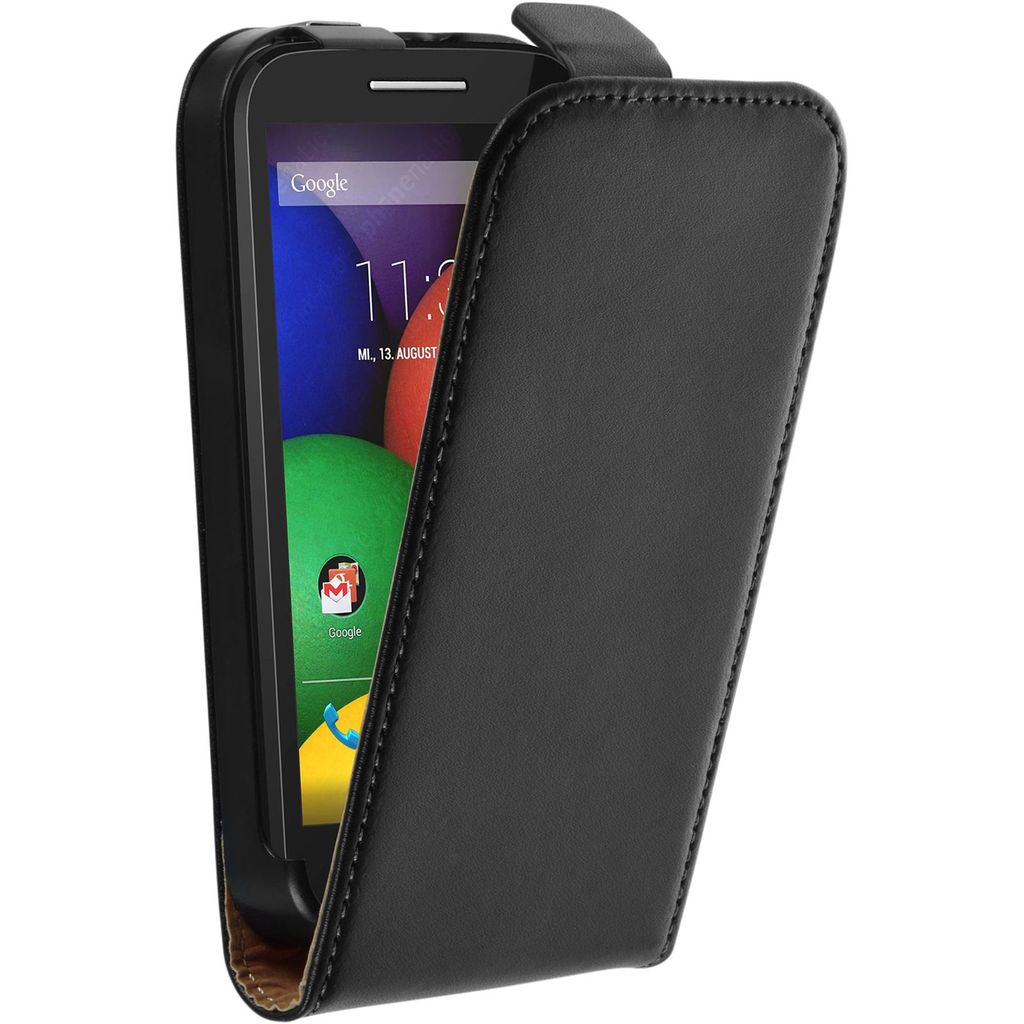 PhoneNatic Kunst-Lederhülle kompatibel mit Motorola Moto E - Flip-Case schwarz + 2 Schutzfolien