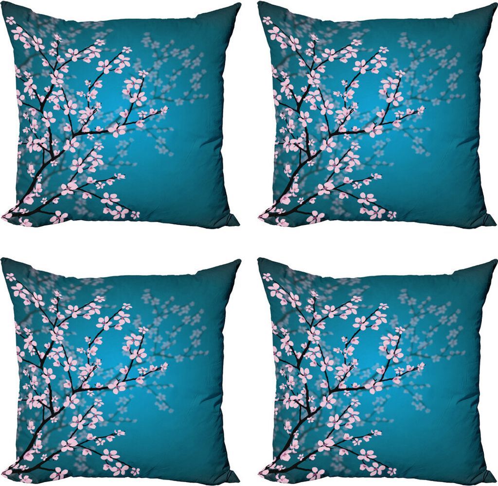 ABAKUHAUS japanisch Kissenbezug Set (4 Stück), Sakura Bloom Muster, Moderner Doppelseitiger Digitaldruck, 60 cm x 60 cm, Petrol Blau Hellrosa