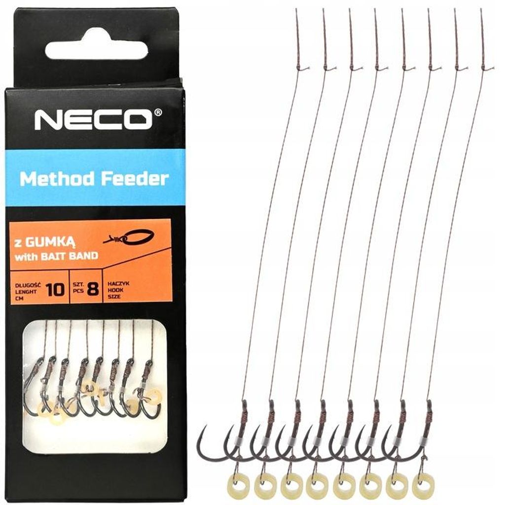 NECO Method Feeder Vorfächer 10 cm – Haken Gr. 8 mit Widerhaken, Gummischlaufe, 8 Stk