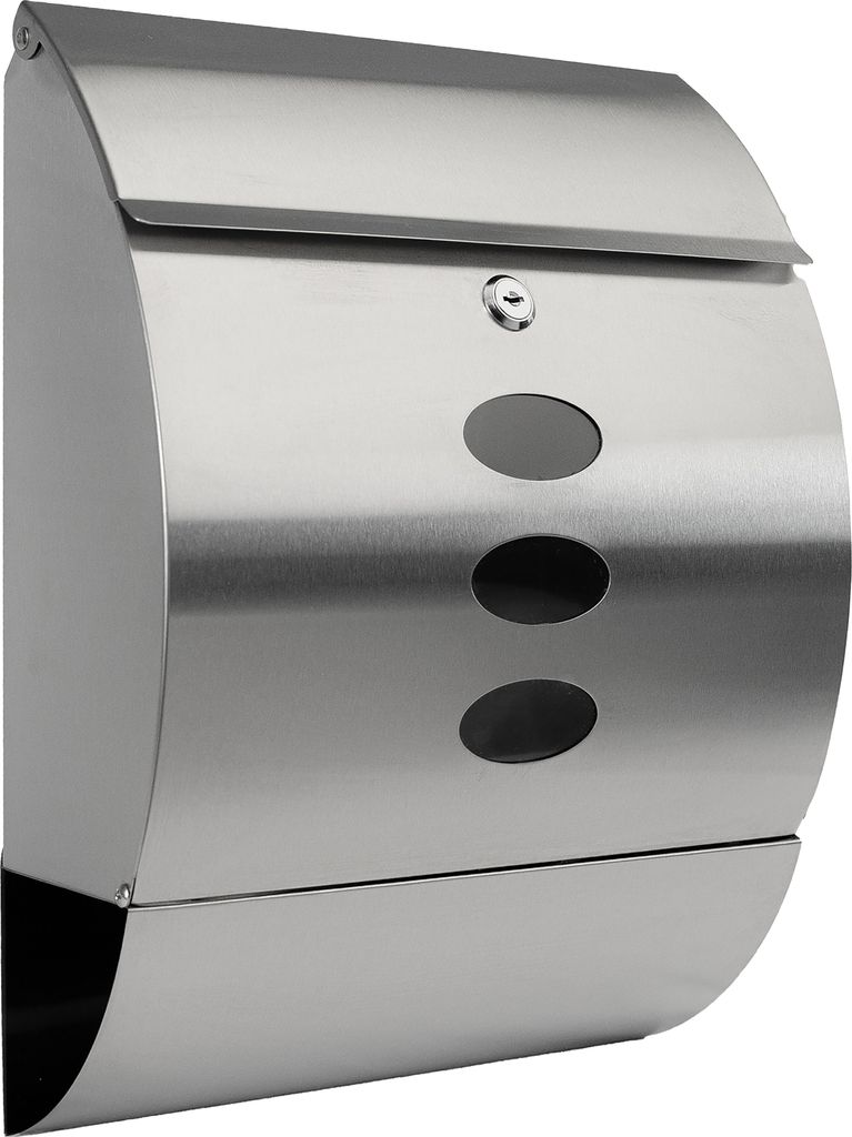 A stainless steel mailbox with three oval windows and a lock is shown against a white background.