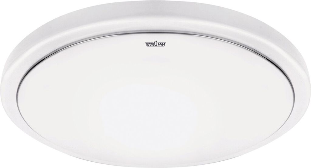 A white, round, flush-mount ceiling light with a frosted diffuser and a silver trim around the edge. The brand logo is visible in the center of the diffuser.