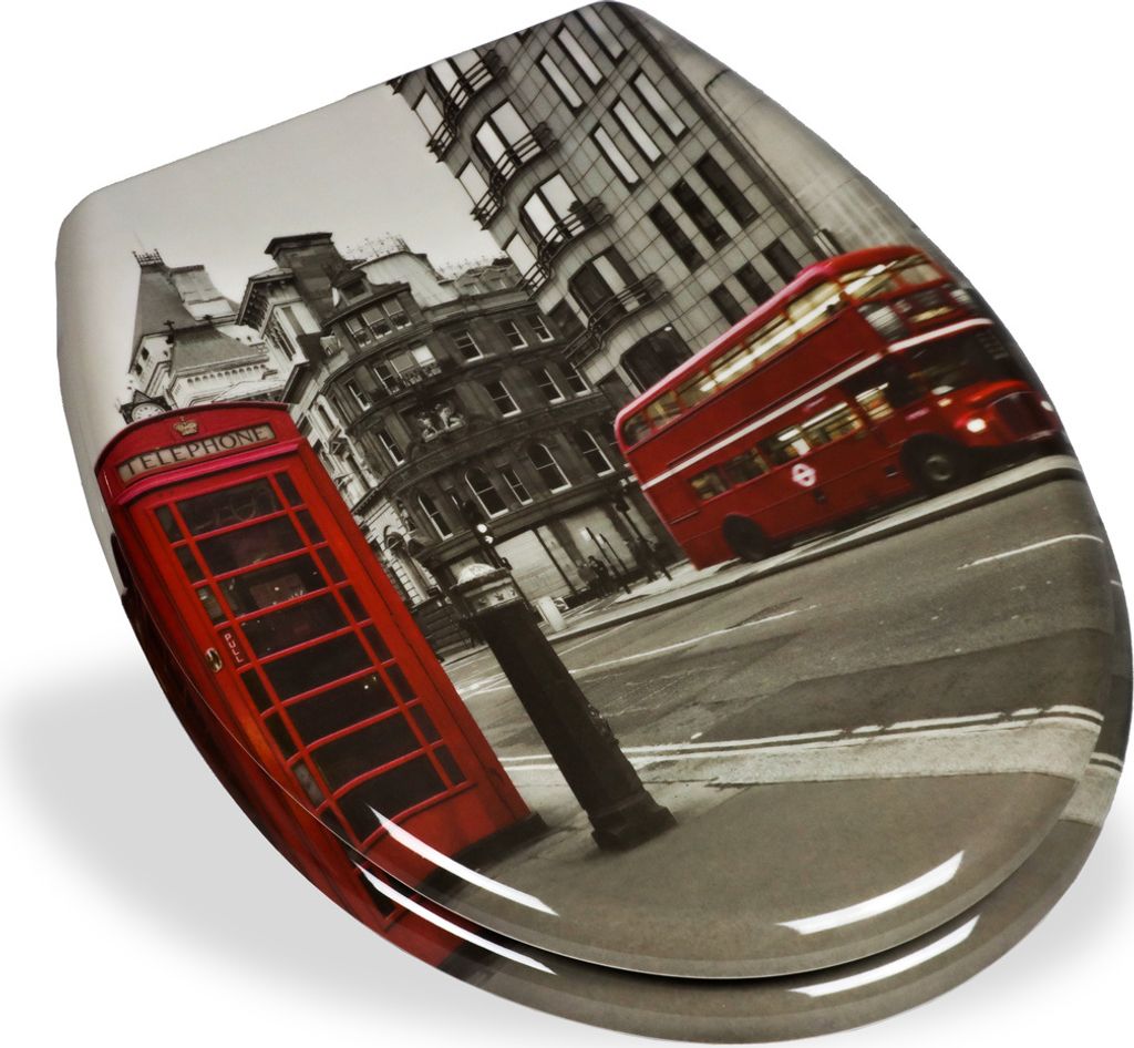 A toilet seat with a London-themed design featuring a red double-decker bus and a red telephone booth.