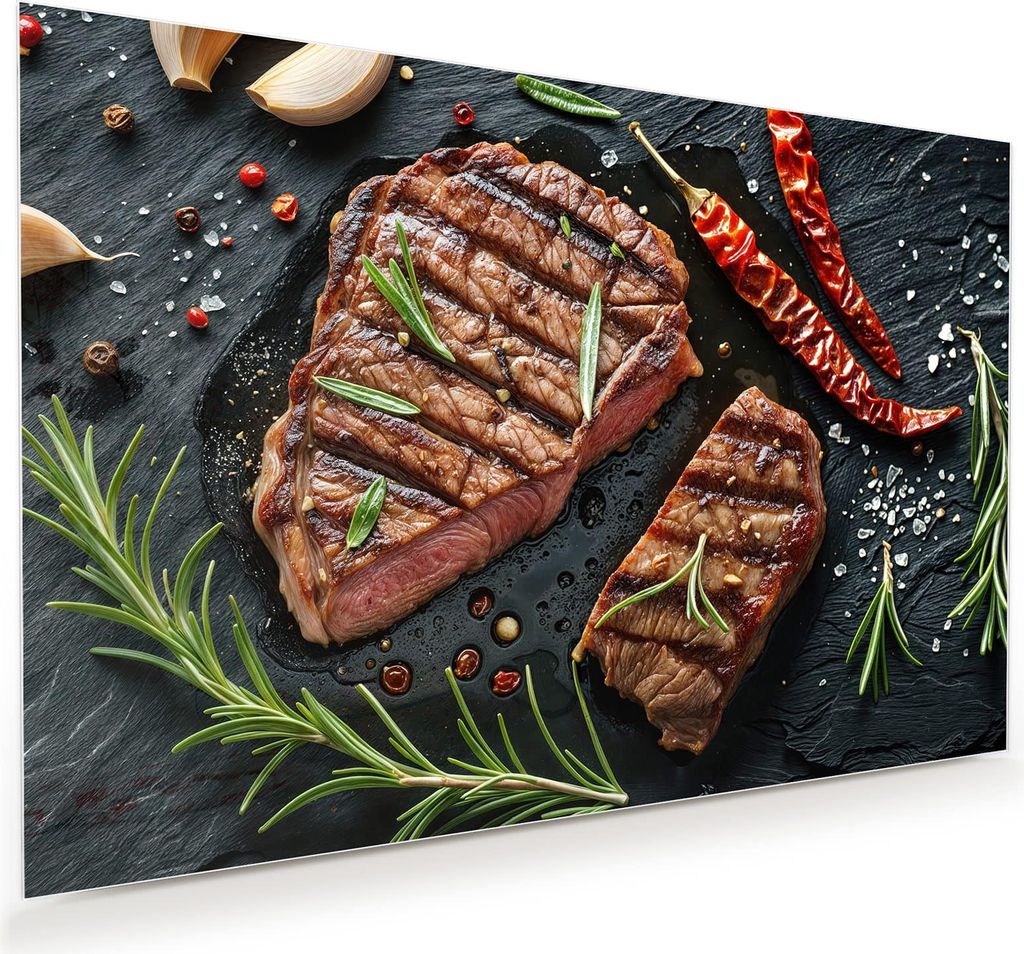 Glasbild 90x60cm in XXL für Wohnzimmer, Schlafzimmer Motiv Gegrilltes Steak