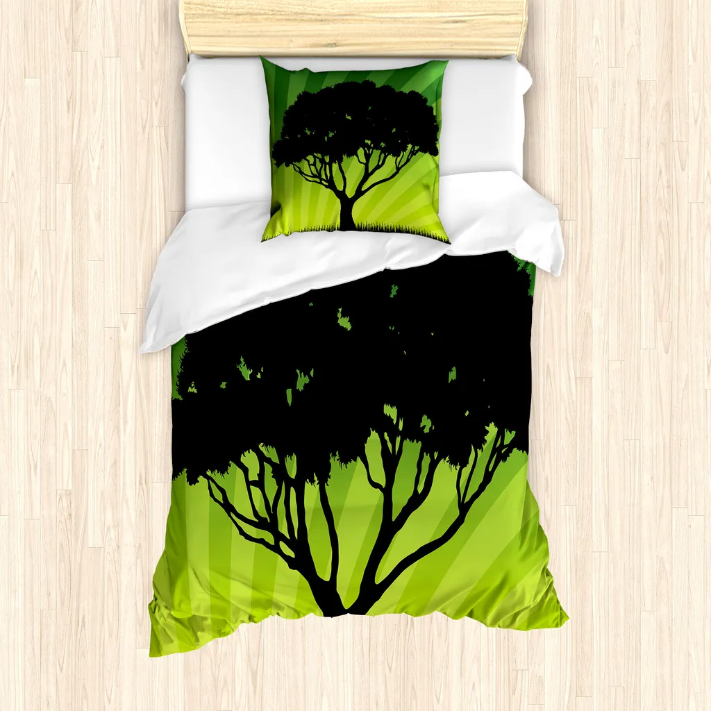 Set Letto Singolo ABAKUHAUS Arte Silhouette Tramonto Verde e Grigio