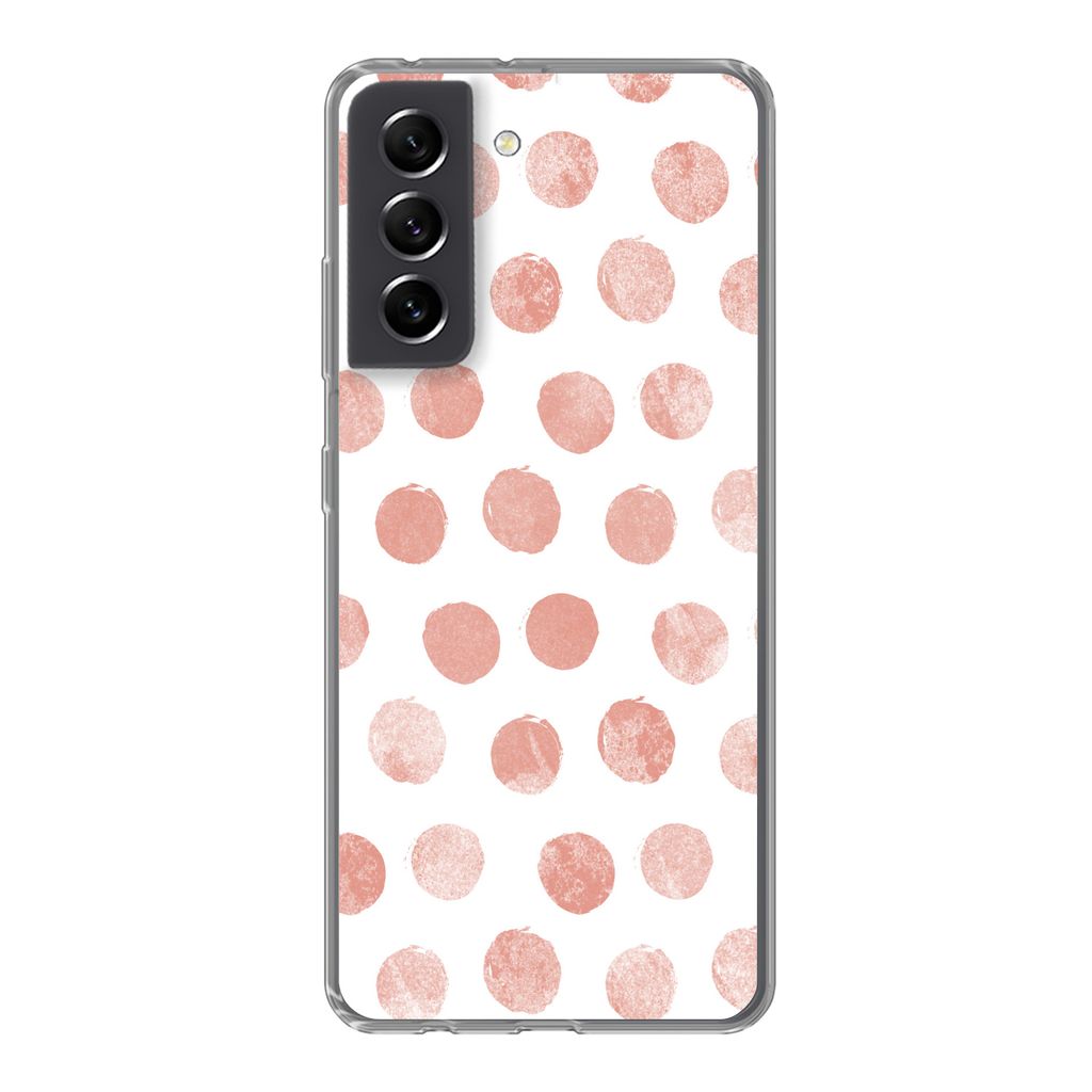 MuchoWow Handyhülle Schutzhülle Hülle für Samsung Galaxy S21 FE Polka dots - Rosa - Weiß Silikon Softcase Handy Hülle - Mobiltelefonhülle