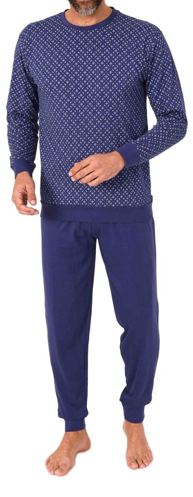Normann Herren Schlafanzug langarm mit Bündchen Pyjama in eleganter Minimimal-Print-Optik ; navy , 48