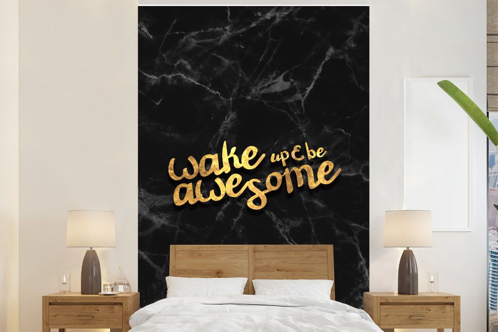 MuchoWow Fototapete für Wohnzimmer oder Schlafzimmer Wandtapete Vinyl Motivtapete Zitate - Cool - Gold - Schwarz - 225x350 cm - Schlafzimmer tapete
