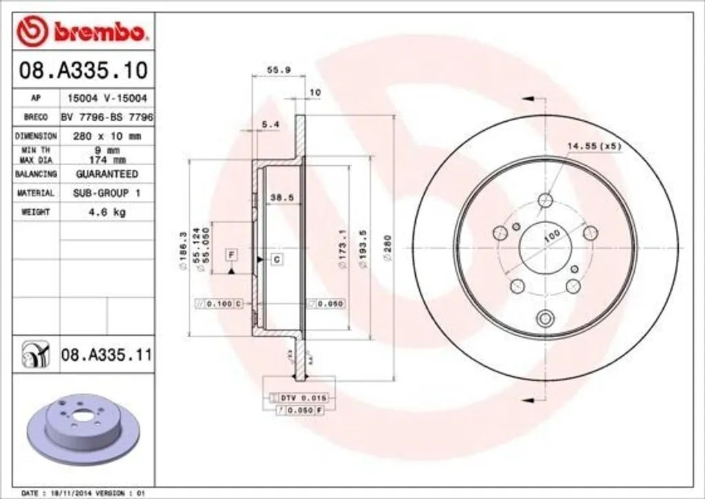 Disque de frein haute teneur en carbone Brembo 08.A335.10 Avensis T25