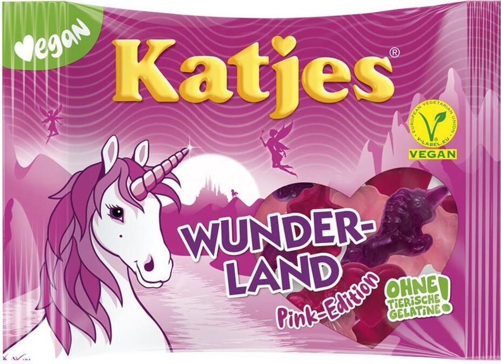 A package of Katjes Wunderland Pink Edition vegan gummy candies, featuring a unicorn and fairy illustrations.