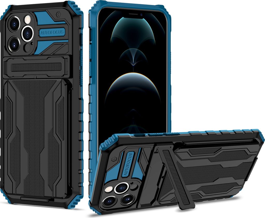 iPhone 12 Pro Hülle, Hybrid Robust Schutz Stoßfest Schutzhülle mit Kartenhalter Ständer für iPhone 12 Pro Blau
