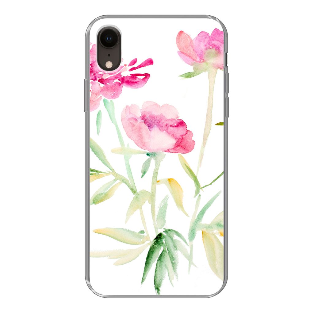 MuchoWow Handyhülle Schutzhülle Hülle für iPhone XR Blumen - Aquarell - Rosa Silikon Softcase Handy Hülle - Schutzdeckel