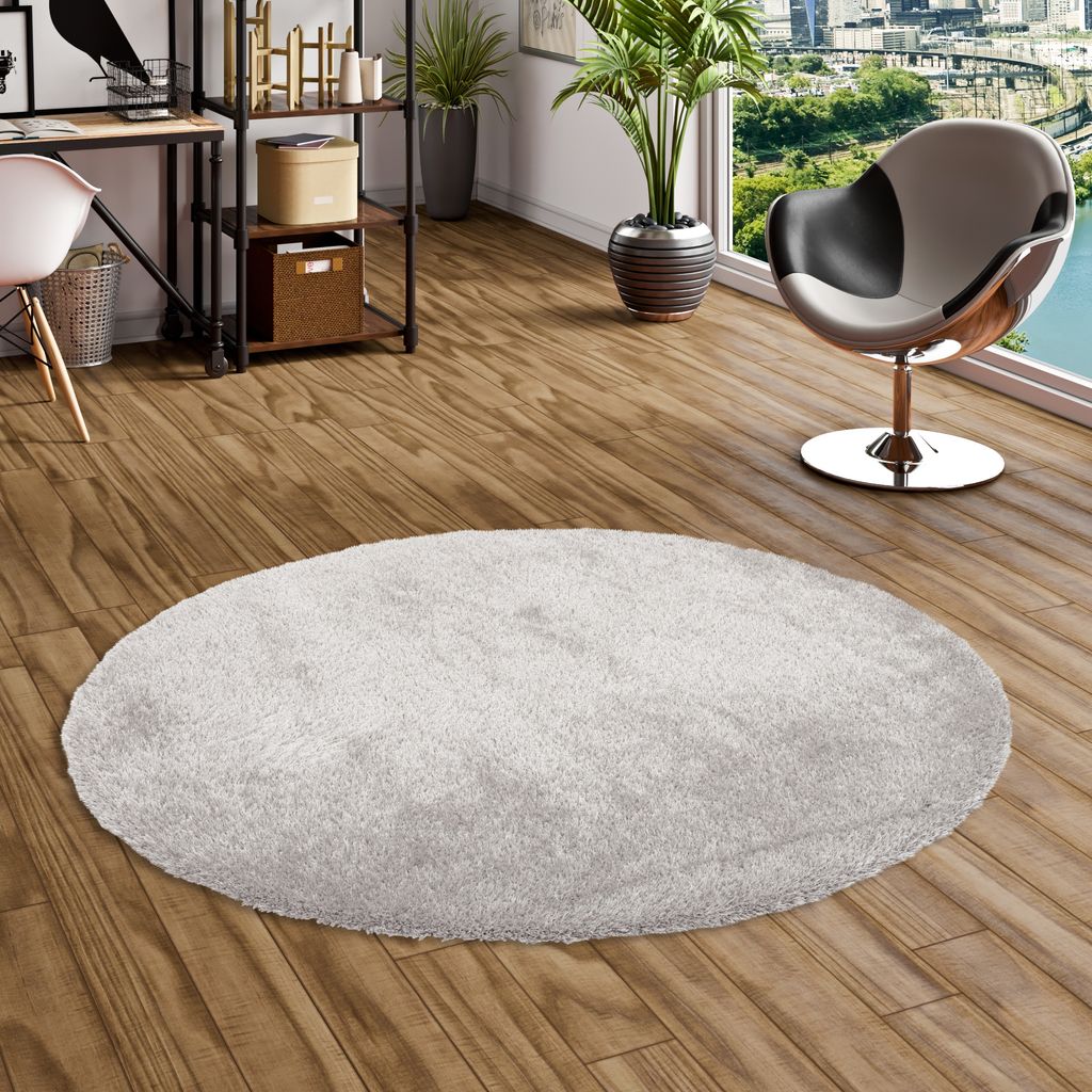 Luxus Hochflor Langflor Teppich Bilbao Silbergrau Rund, Größe:100 cm Rund