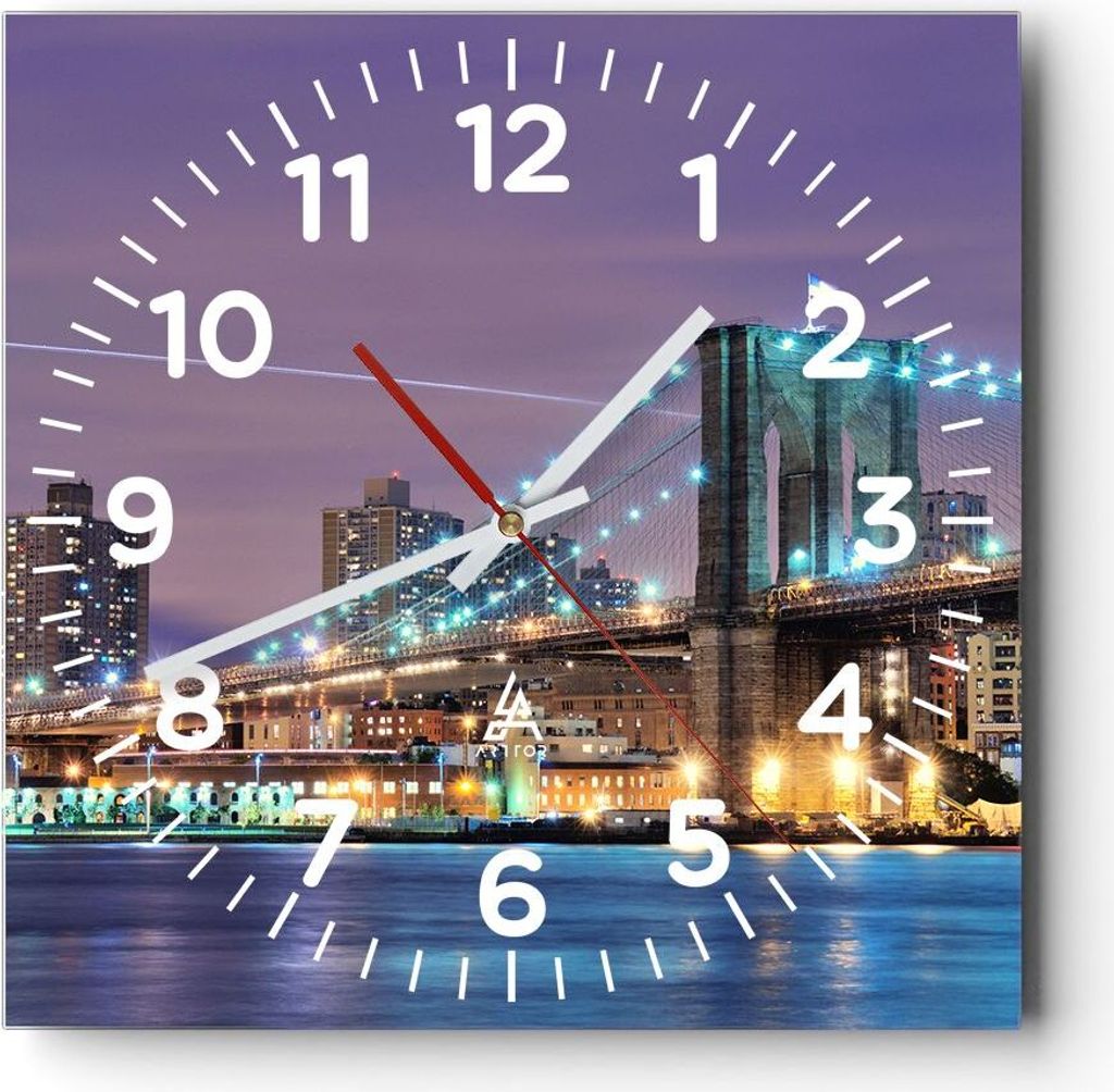 Wanduhr - Quadrat - Glasuhr - Metropole Fluss Brücke Geschichte - 40x40cm - Schleichendes Uhrwerk - Lautlos - zum Aufhängen bereit - Dekoration M...