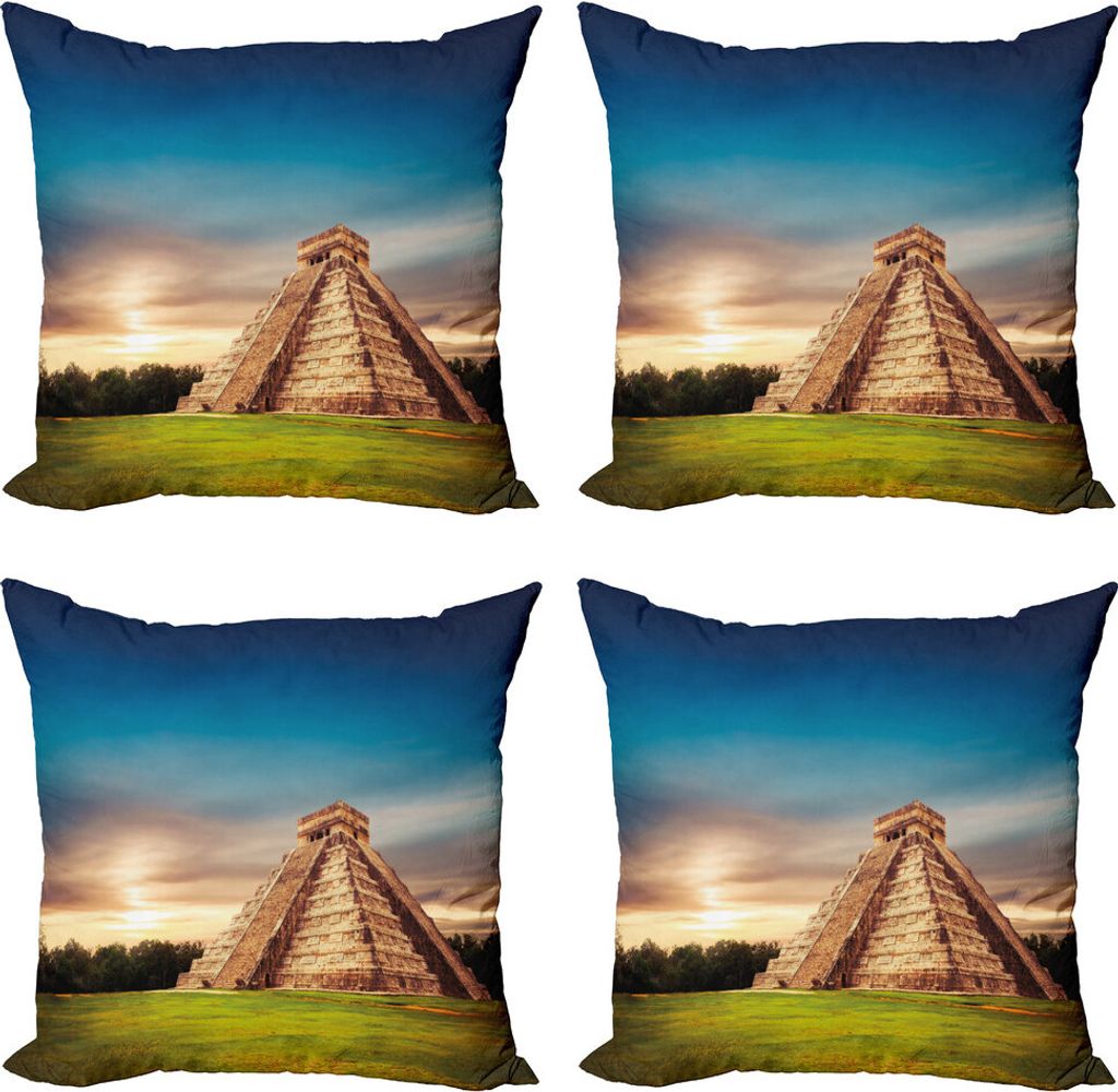 ABAKUHAUS Reise Kissenbezug Set (4 Stück), Kukulkan-Pyramide Yucatan, Moderner Doppelseitiger Digitaldruck, 40 cm x 40 cm, Nachtblau Multicolor