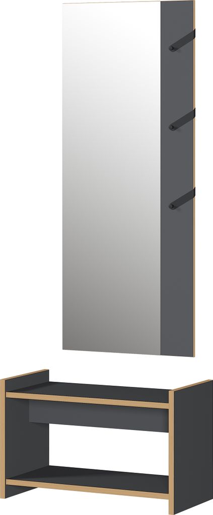 Garderobe >1205< (2-teilig) Bank + Paneel, Graphit / Eiche Nachbildung - 73x188x37cm (BxHxT)