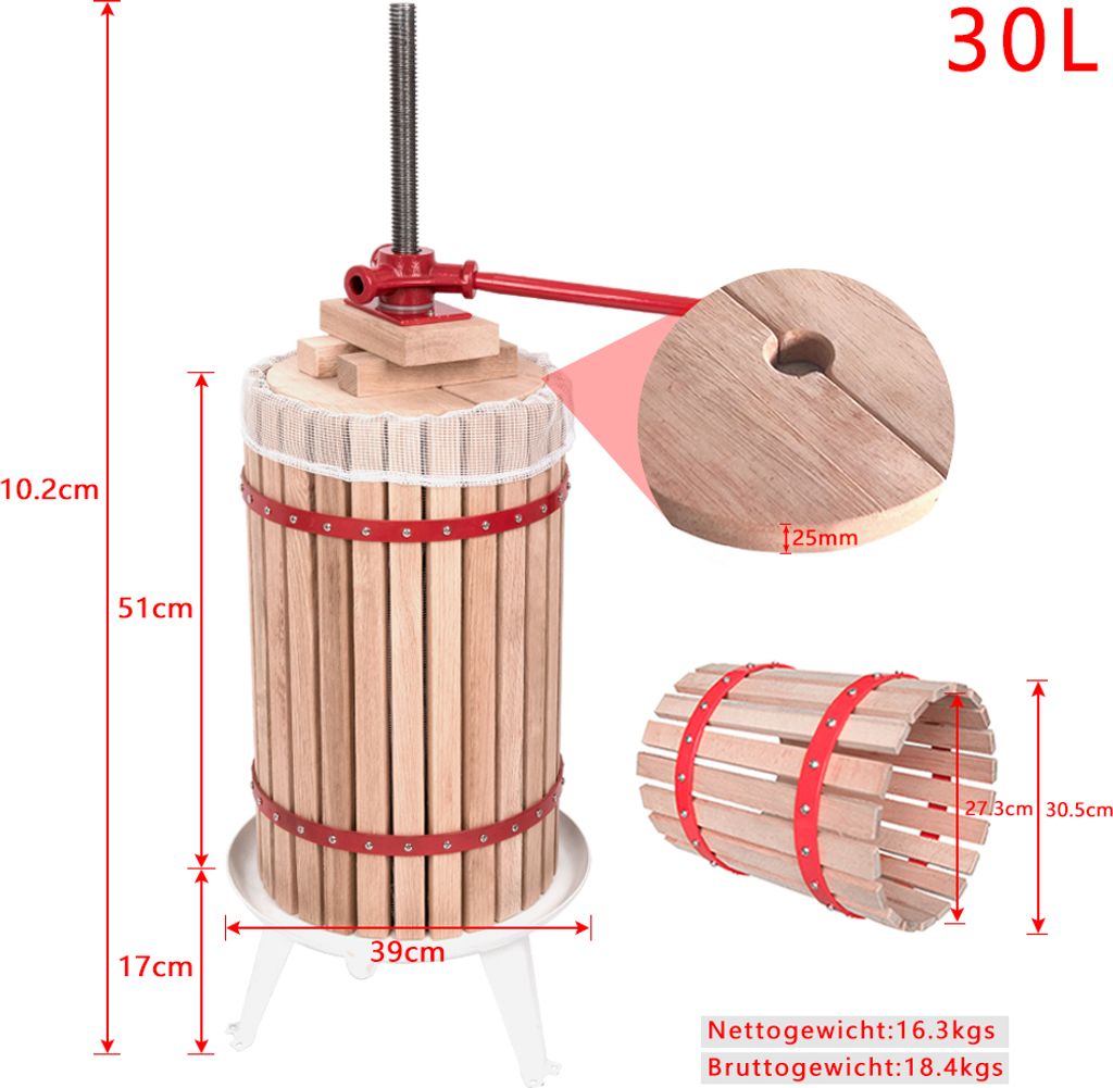 XMTECH Obstpresse 12 Liter – Manuelle Saftpresse Aus Holz Mit Metallspindel & Presstuch