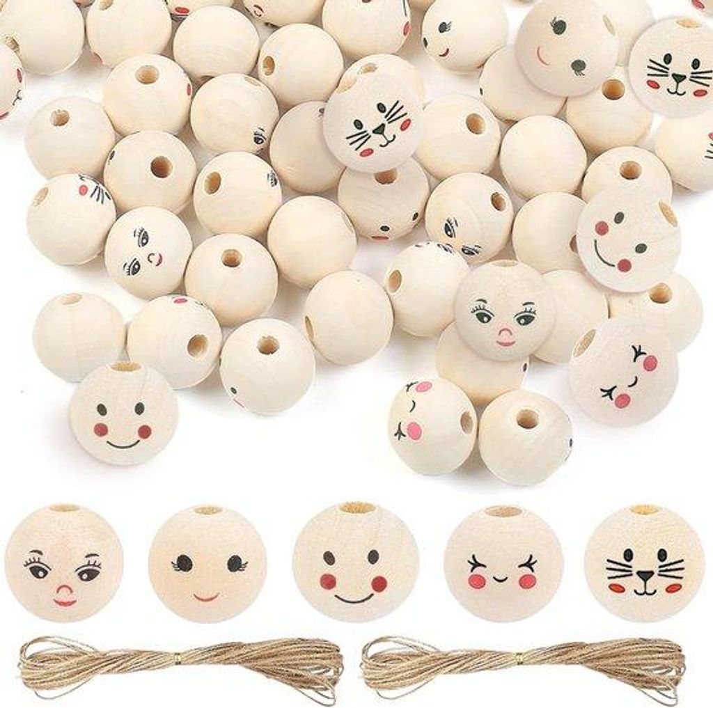 Holzschmuckkralen mit Gesichtern 20 mm - Handwerk-Accessoires - Bastelkralen - 5 Stile - 100 Stück