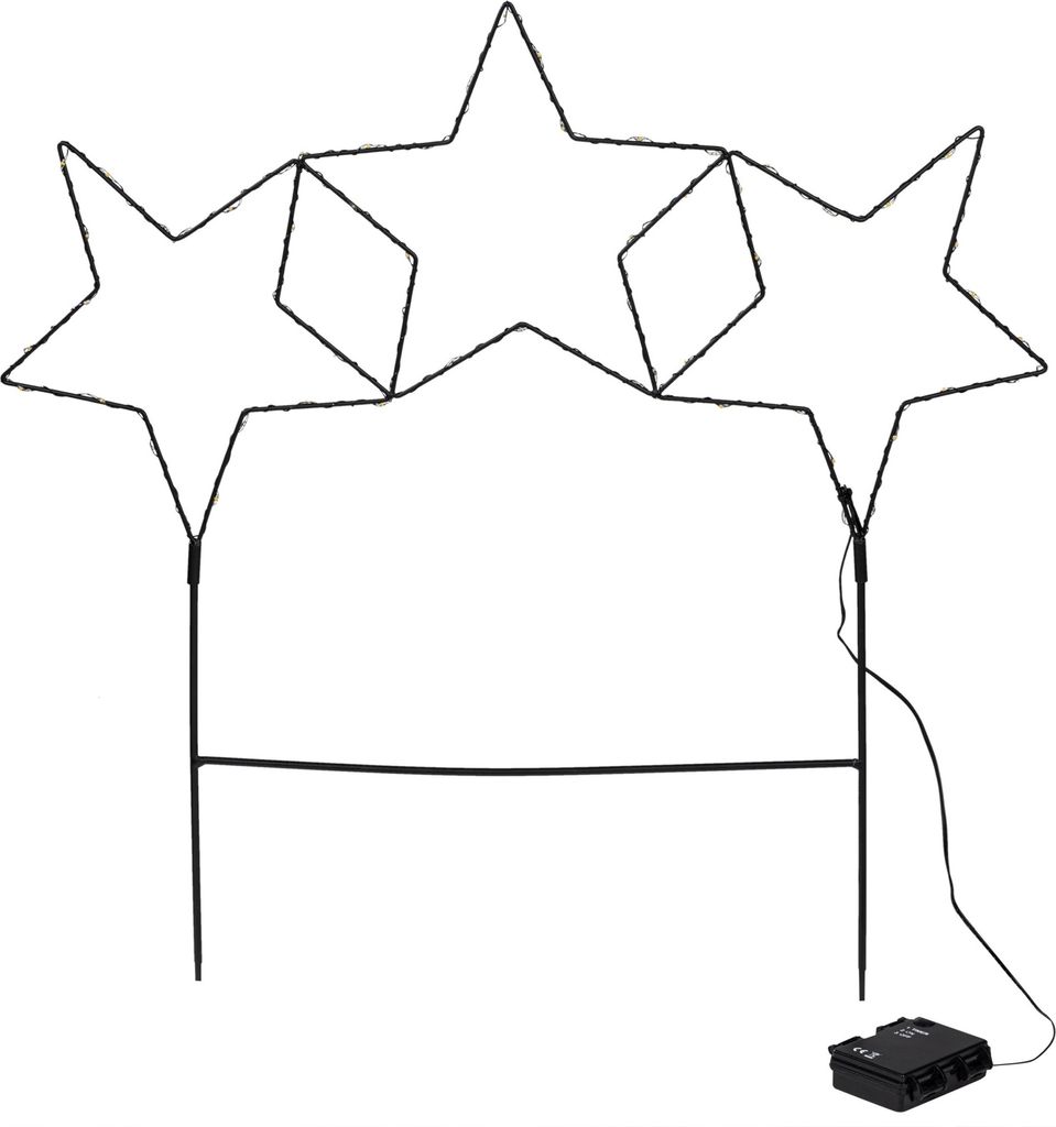 A wireframe outline of three stars connected together, with stakes for ground placement and a battery pack with a wire.