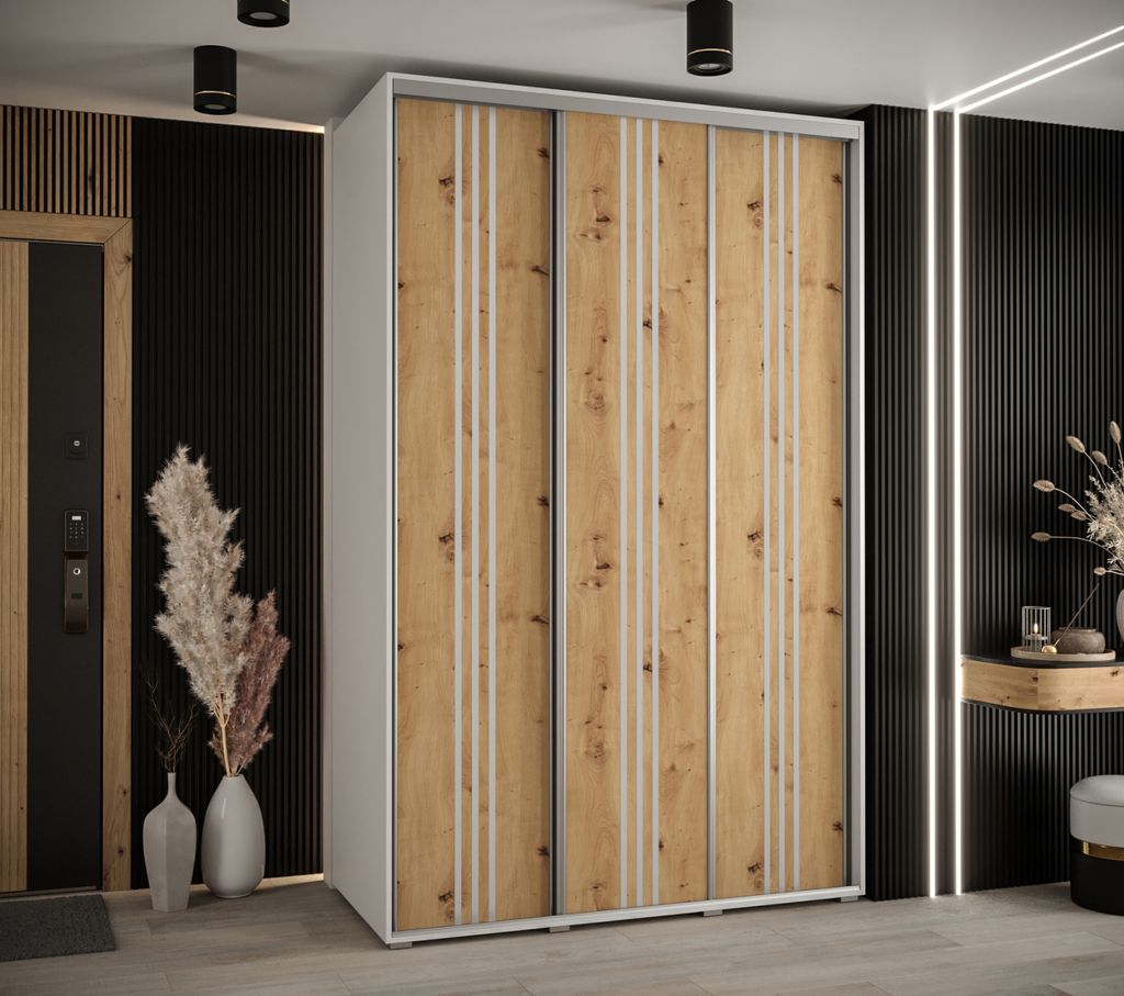 Kleiderschrank YVONA 6 – 160/60 cm, weiß/Eiche handwerklich/silber