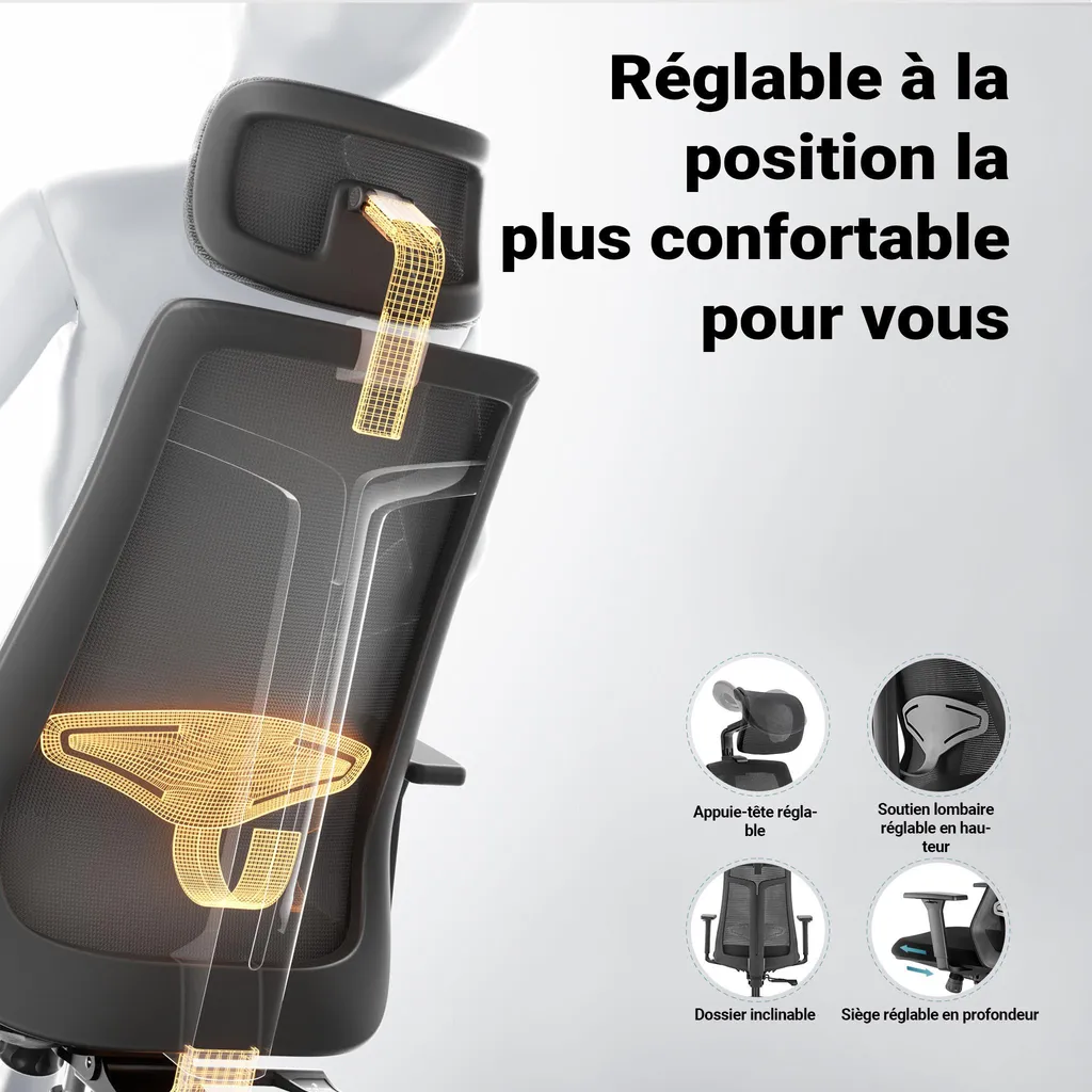 Wiltec Fauteuil de bureau ergonomique 150kg réglable avec appuie-tête - 4