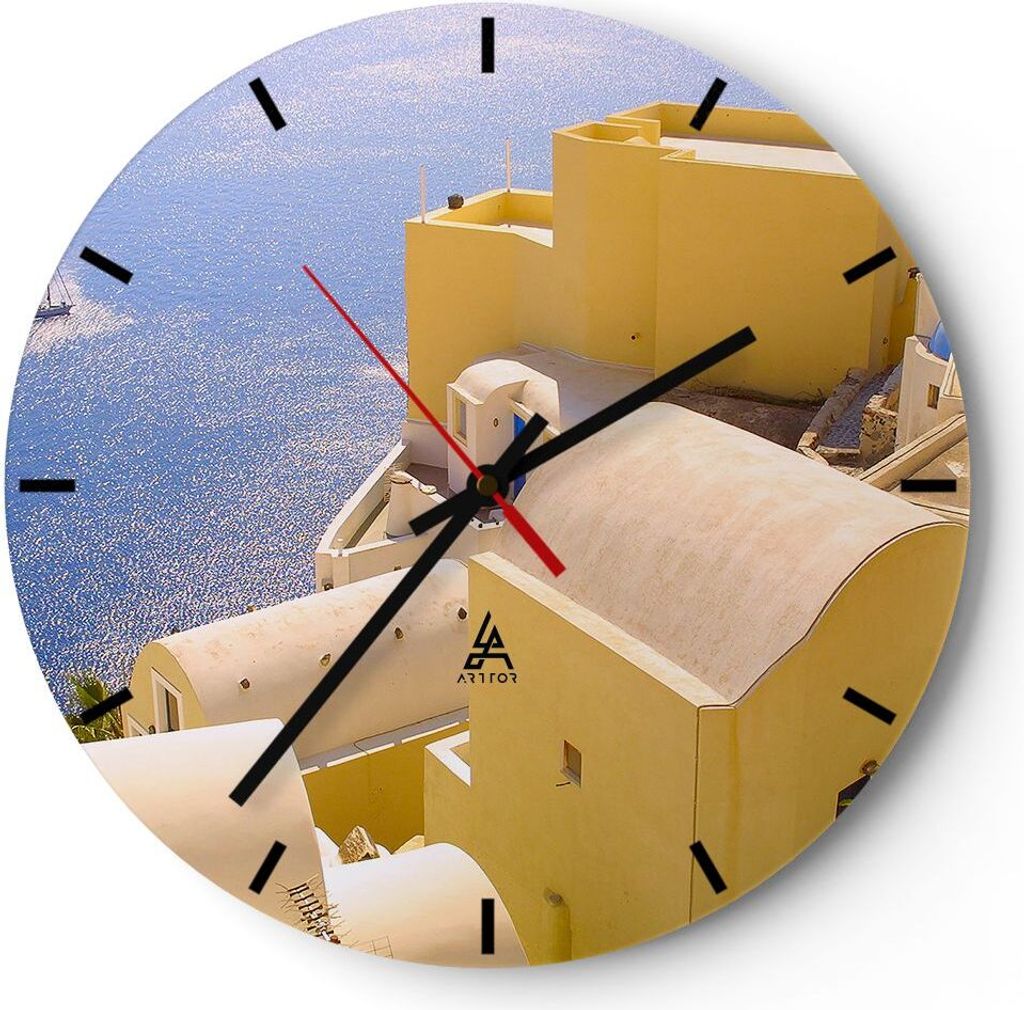 Wanduhr - Rund - Glasuhr - Haus wohnung gebäude griechenland - 40x40cm - Schleichendes Uhrwerk - Lautlos - zum Aufhängen bereit - Dekoration Mode...