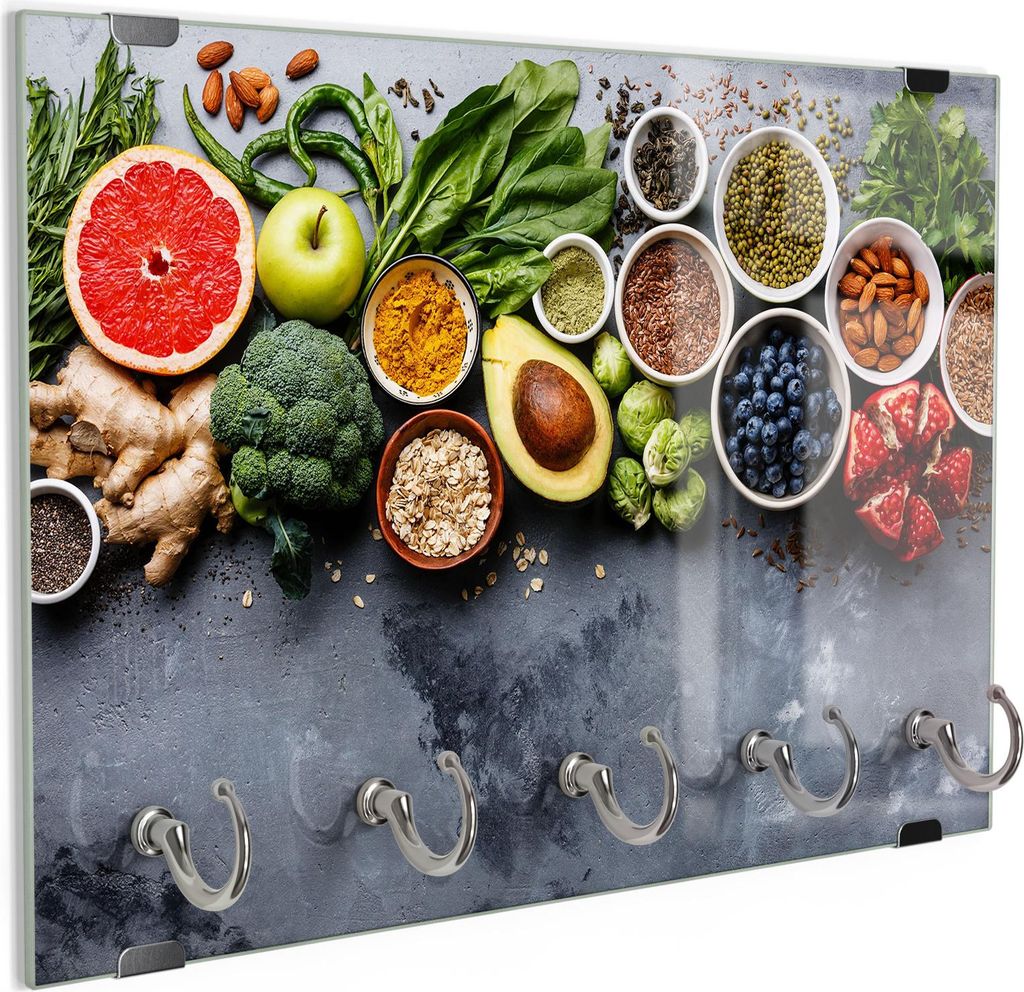 DEQORI Schlüsselbrett Glas 30x20 cm 'Auswahl an Superfood' Schlüssel Halter Board Haken