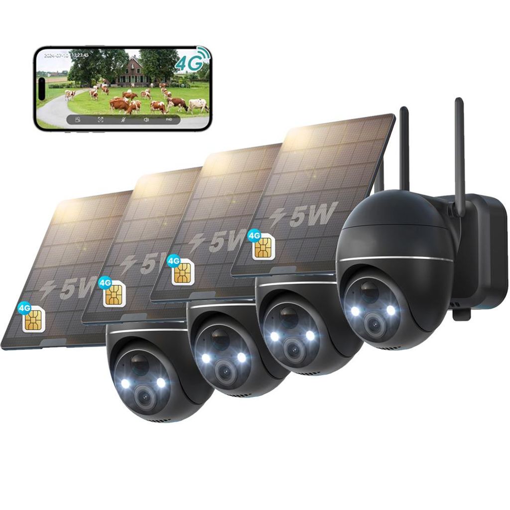 4 Stück 4G LTE Überwachungskamera Aussen Akku mit SIM Karte 2K Kabellos Solar PTZ IP Kamera Outdoor Ohne WLAN Farb-Nachtsicht PIR Erkennung