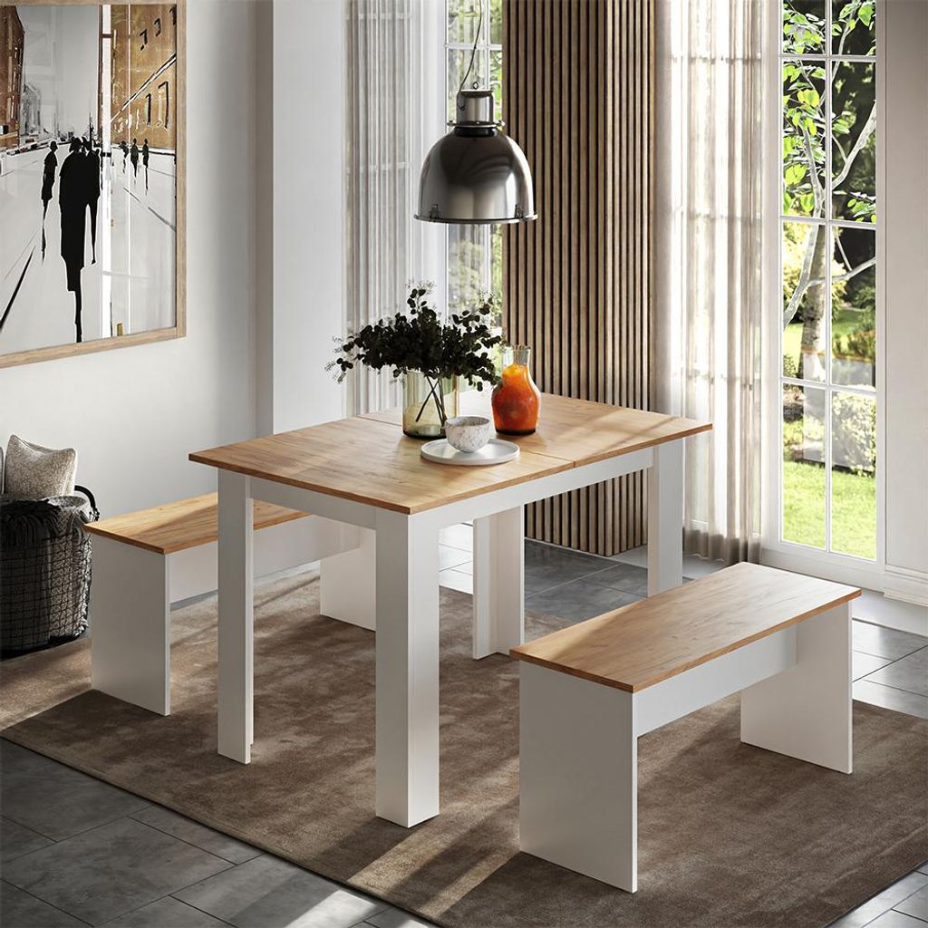 Eckbankgruppe Vicco Sentio Weiß/Goldkraft Eiche 112 x 73.6 cm mit 2 Bänken, Model 53277