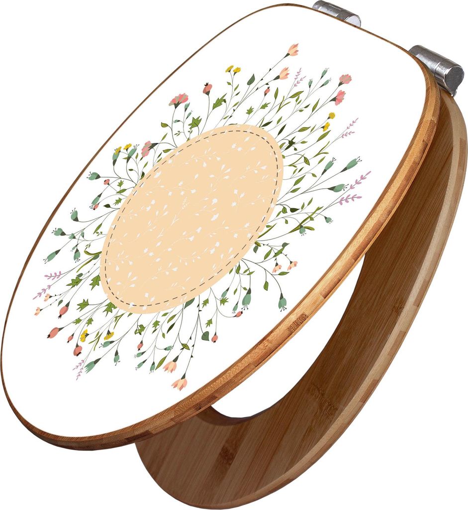 banjado Design WC Sitz Bambus Absenkautomatik -Hibiskus Kreis - Toilettendeckel mit Absenkautomatik Holz/hochwertiger Bambus Klodeckel/WC-Sitz für...