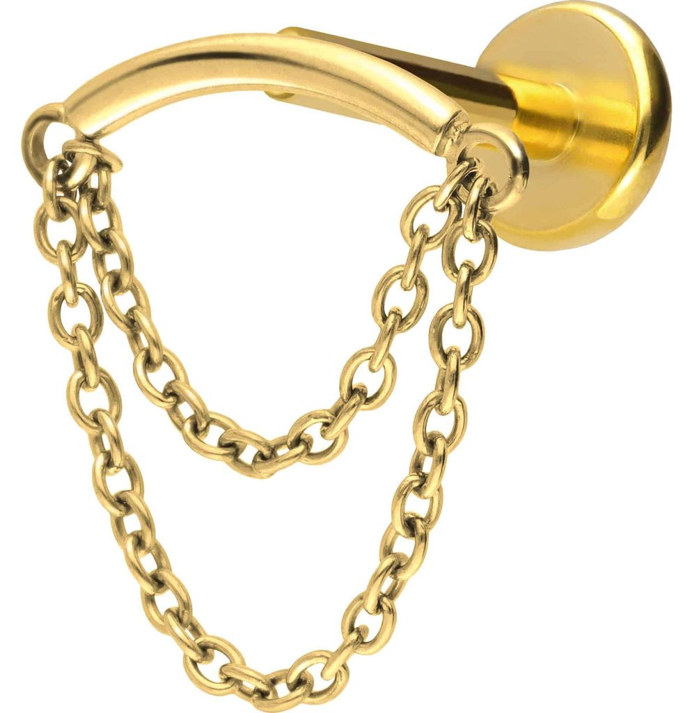Ohrpiercing, Nasenpiercing Titan Labret mit Push Fit BOGEN + 2 KETTEN Gold Stablänge: 10mm | Stabstärke: 1,2mm