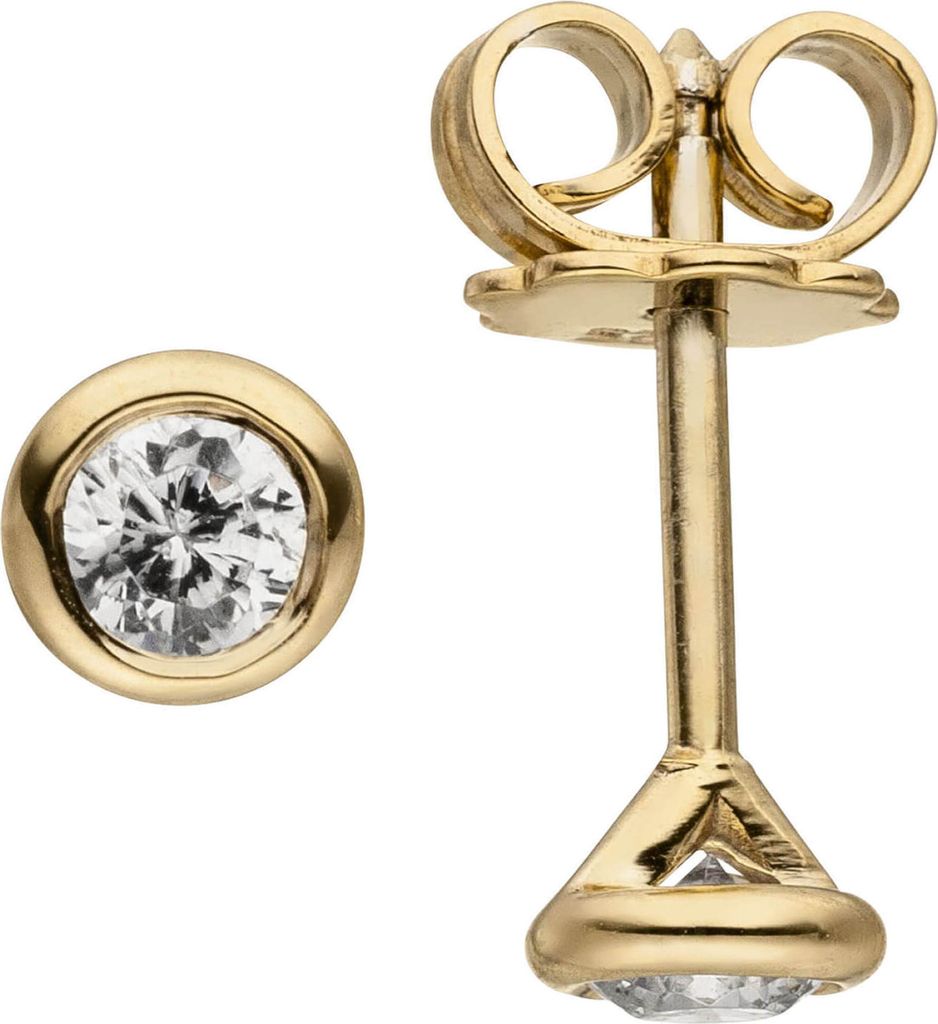 Ohrstecker Solitär Ohrringe mit 2 Diamanten Brillanten, rund 585 Gold Gelbgold