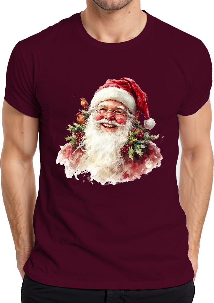 Weihnachtsmann Aquarell Vintage Stechpalme Rotkehlchen Geschenk Herren T-Shirt, Burgundy, 3XL