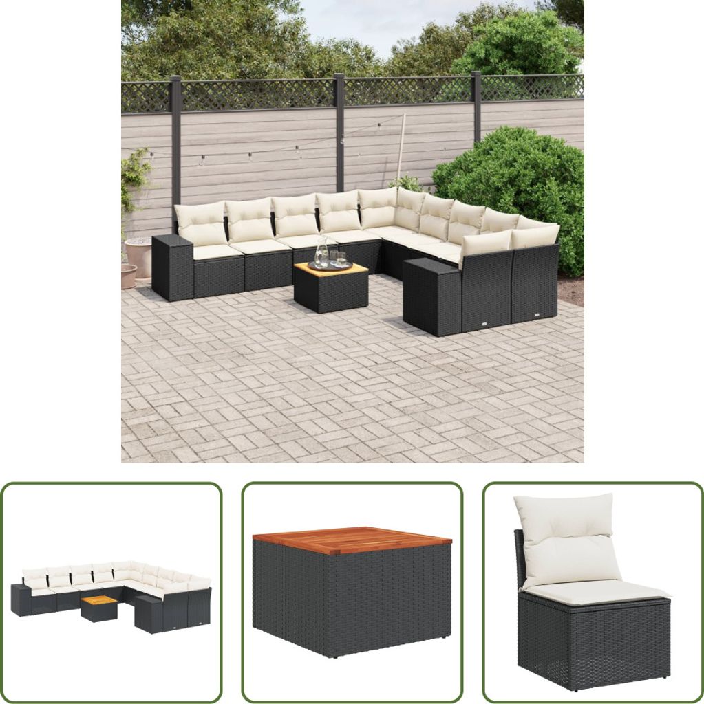 The Living Store 11-tlg. Garten-Sofagarnitur mit Kissen Schwarz Poly Rattan