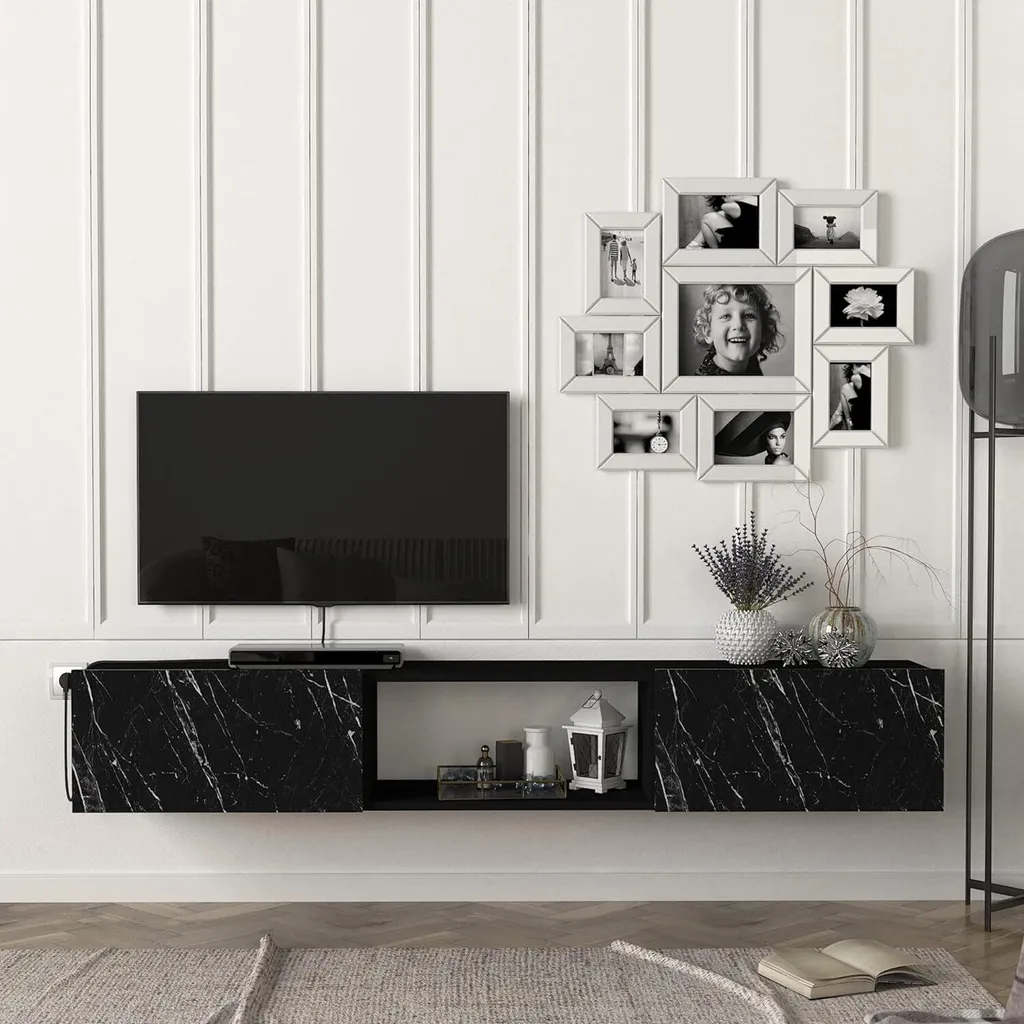 Meuble TV gain de place 180 cm flottant noir marbré pour home cinéma chic