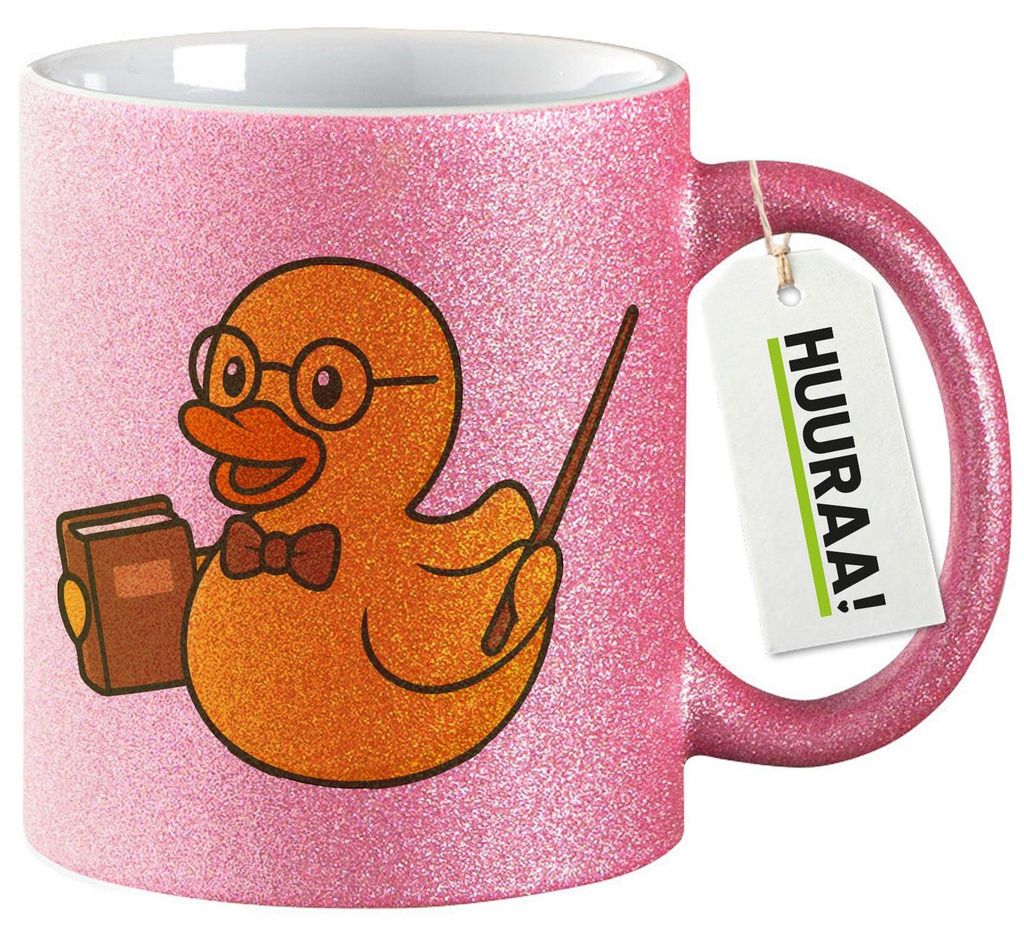 Huuraa Glitzertasse Quietscheente Lehrer Comic Gummiente 330ml Pink Keramik Kaffeebecher Geschenkidee