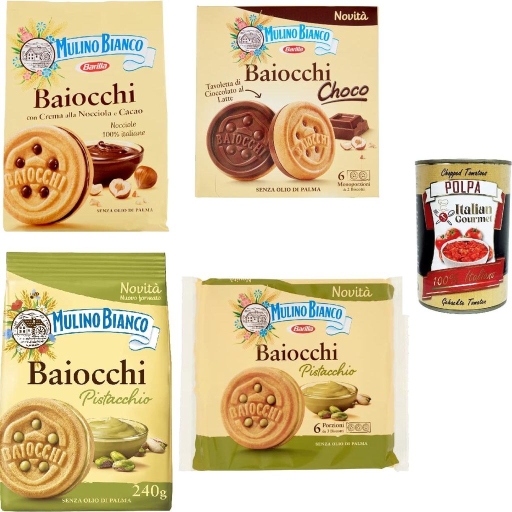 Testpaket Baiocchi Haselnuss und Kakao choco Pistazie 4 Stück + Italian gourmet polpa 400g
