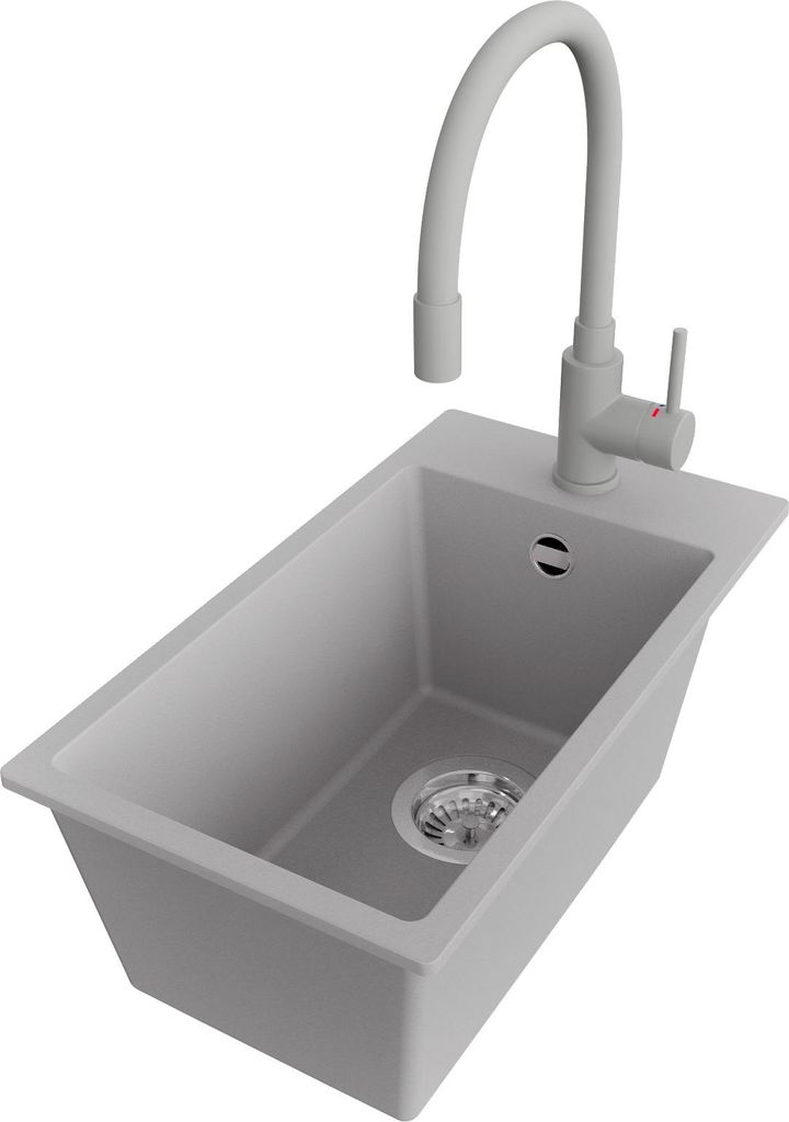 PRIMAGRAN Granitspüle Grau 28x50cm, Spülbecken 1 Becken + Küchenarmatur 38x14cm + Ablauf-Set, Küchenspüle ab 30er Unterschrank - Riga