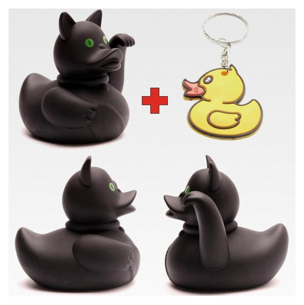 Winkekatze Badeente - schwarz - inklusive Quietscheentchen-Schlüsselanhänger im Set - 9 cm - Quietscheente - Geschenk für Glück - Geschenk für...