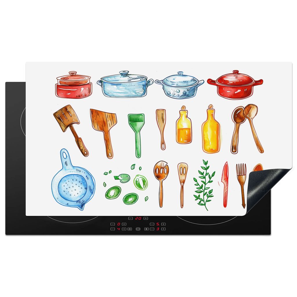 KitchenYeah Herdabdeckplatte Küchengeräte - Zeichnungen - Farbenfroh , 90x52cm, Küche Deko, Glaskeramikkochfeld Herdabdeckung, Abdeckplatte f...