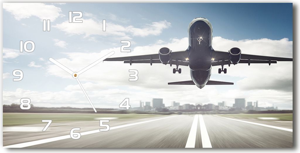 Wanduhr aus Glas – 60x30 cm - Glasbild - Glasuhr - Gehärtetes Glas - weisse-zeiger - Das Flugzeug beginnt,