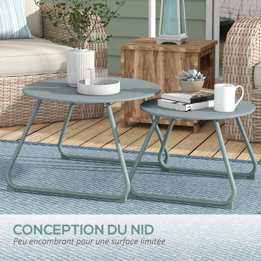 Lot de 2 tables basses gigognes de jardin en métal bleu époxy stables - 6