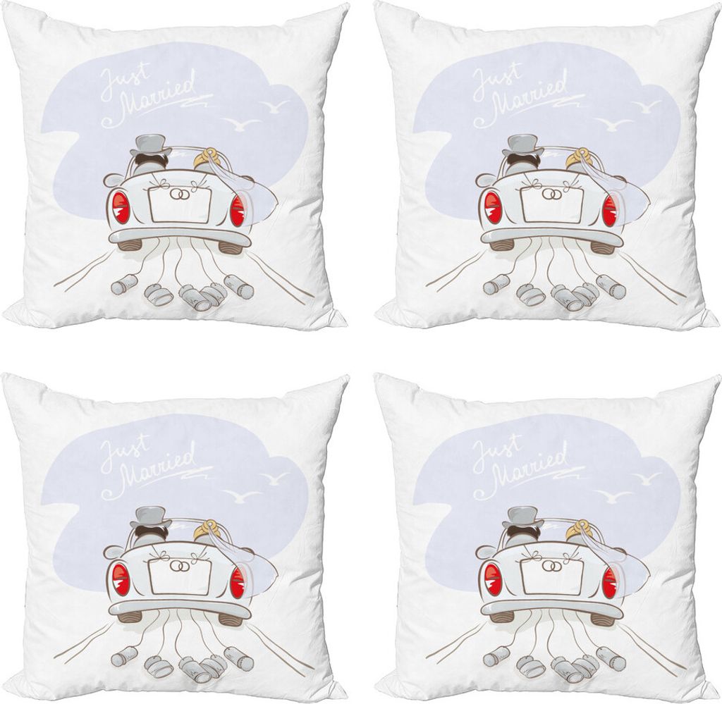 ABAKUHAUS Hochzeit Kissenbezug Set (4 Stück), Retro Paar-Auto, Moderner Doppelseitiger Digitaldruck, 45 cm x 45 cm, Grau, Rot, Weiß