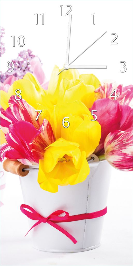 Wallario Design Wanduhr bedruckt, Größe 30 x 60 cm, Motiv: Zwei Blumen-Bouquets aus gelben und roten Tulpen und Flieder