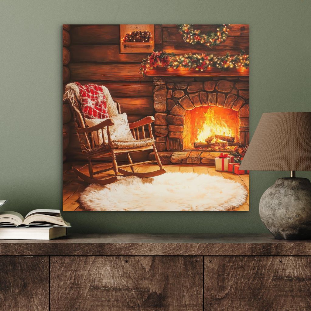 MuchoWow Wanddekoration Metall Metallbild Wandkunst 50x50 cm Winter - Weihnachten - Zuhause - Kamin MuchoWow Aluminium Gemälde - Alubild - Industrial