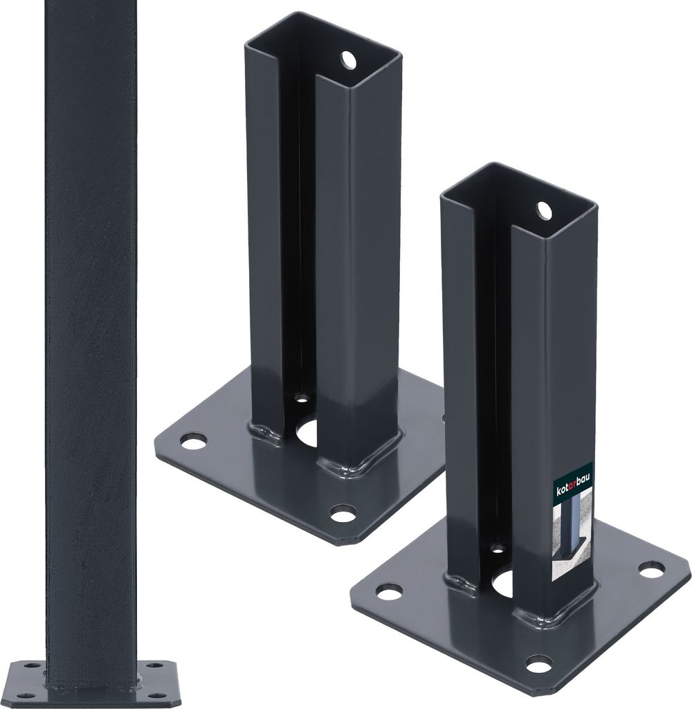 Three dark gray metal post bases are shown against a white background. Two of the bases are in the foreground, and one is partially visible on the left.