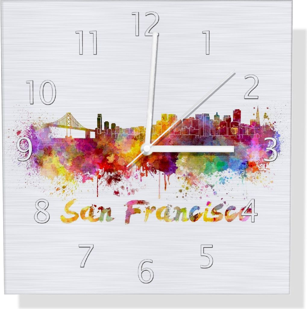 Wallario Design Wanduhr Städte als Aquarell - Skyline von San Francisco aus Aluverbund, Größe 30 x 30 cm