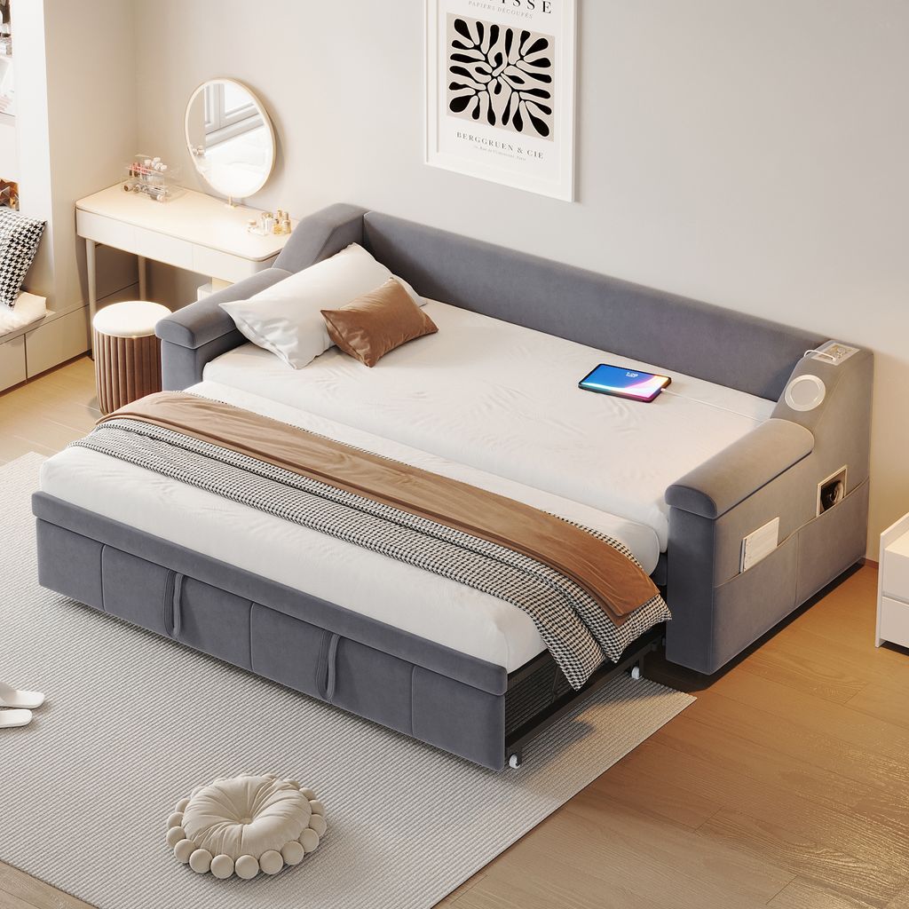 okwish Schlafsofa,90/180x190 cm,Polsterbett mit Ablagefächern und Lattenrost,Jugendbett mit USB-Ladeanschluss, ohne Matratze,Grau