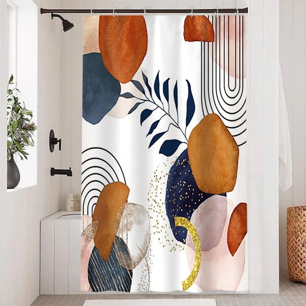Duschvorhang im Boho-Stil, 120 x 200 cm, abstraktes Terrakotta-Muster mit blauen Blättern, schimmelresistenter Stoff, waschbarer, wasserdichter Po...